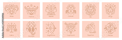 Zodiac astrology horoscope signs vector illustrations set. Elegant linear design symbols and icons of esoteric zodiacal horoscope templates for wall print, logo or poster isolated.
