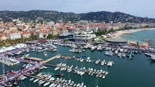 France, Cannes. Aerial view of the beautiful port with yachts, 
Cannes Yachting Festival - 10 September 2021 photo