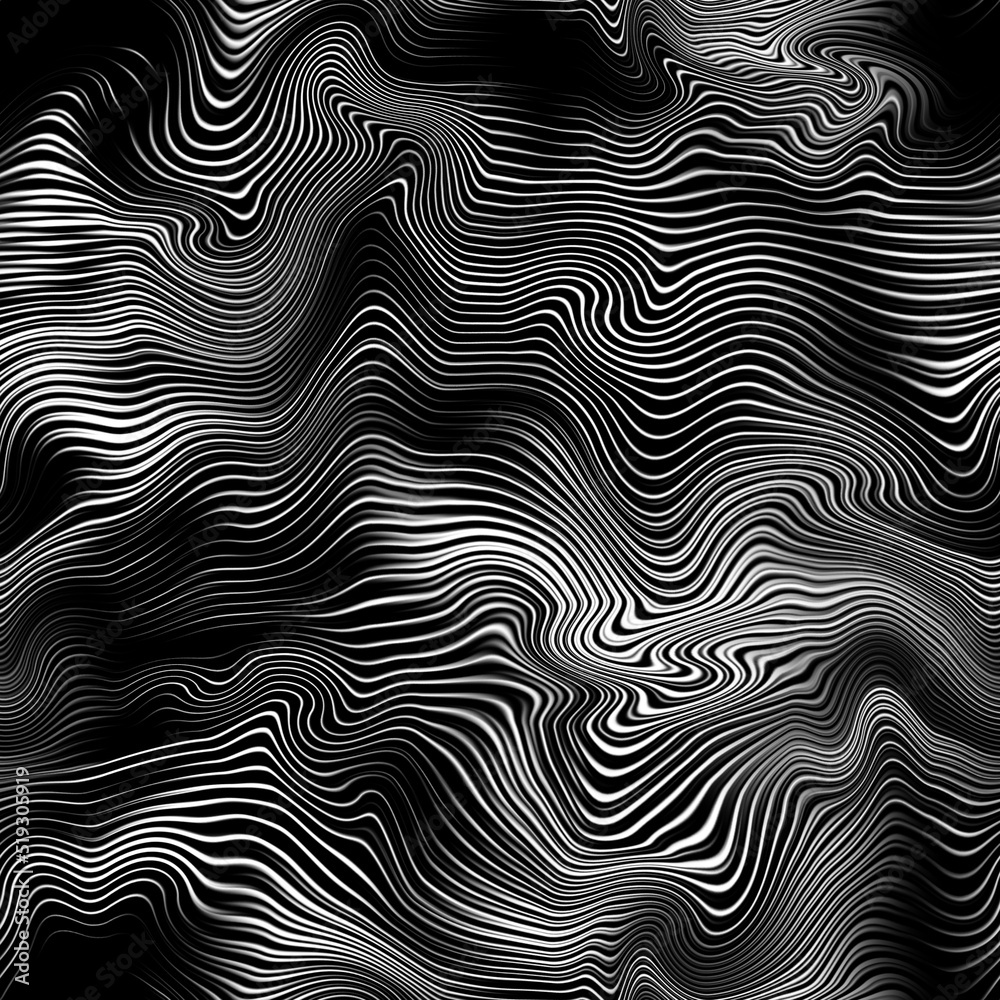 Psychedelic distorted lines seamless texture with moire effect. Abstract striped pattern. Curves stripes background. Wave black and white optical art wallpaper. Illustration