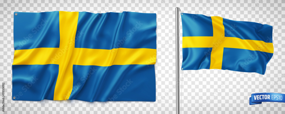 Vector realistic illustration of Swedish flags on a transparent background.
