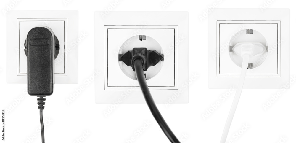 Collage power European electric plug isolated on a white. electric cord plugged into a white electricity socket on white background Collage power European electric plug isolated on a white. electric cord plugged into a white electricity socket on white background