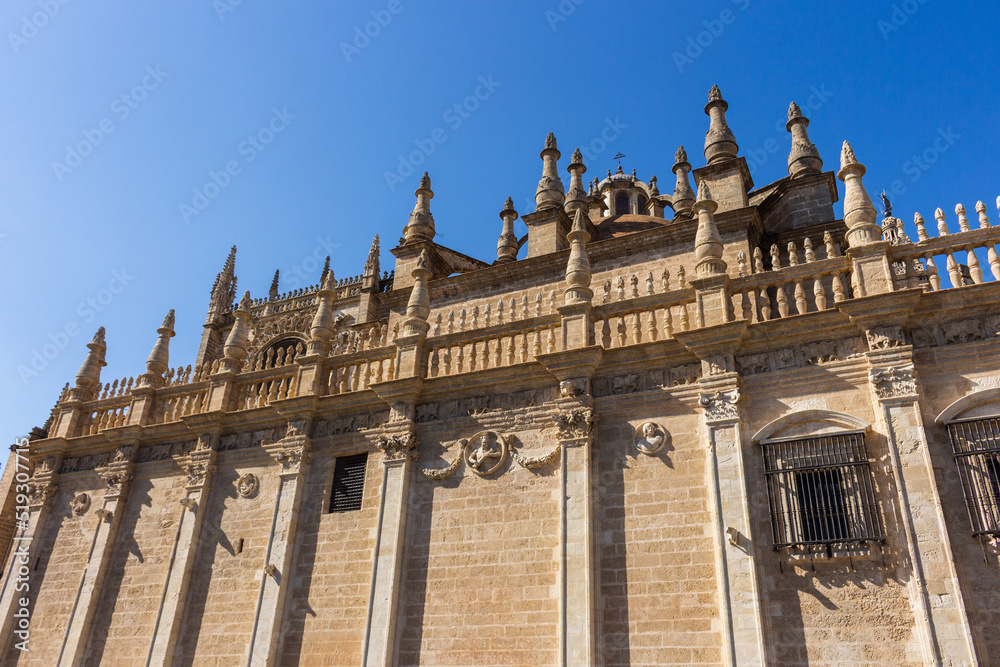 Architectural details of the Catedral de Sevilla (Cathedral of Saint Mary of the See) in Seville, Spain.