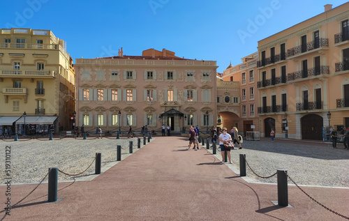 Monaco, October 3, 2021: Guard's barrack at Monaco-ville. The barrack is the home of the palace guards. Entrance to the barracks of the Prince's Guard, Palace Square.