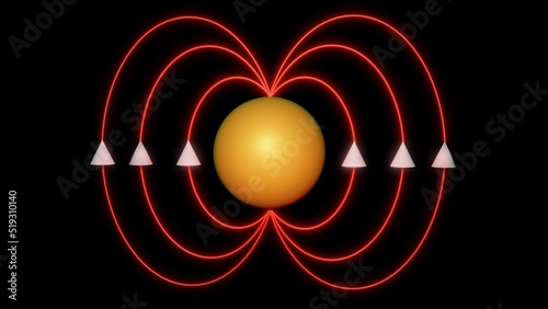 Spintronics . Magnetic field lines around sphere . Elliptical lines surrounding ball. 3d render illustration	 photo