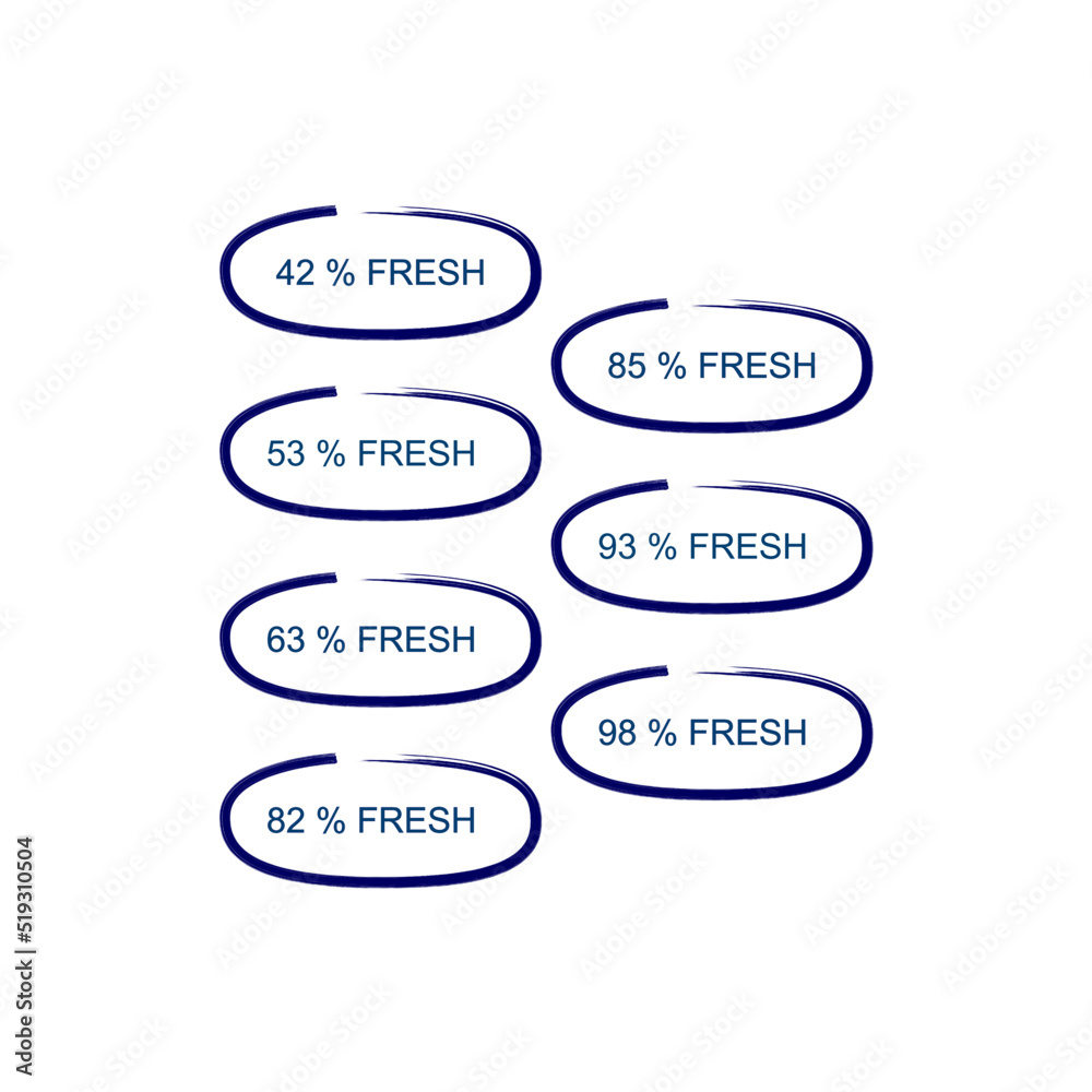 42 % FRESH, 53 % FRESH, 63 % FRESH, 82 % FRESH, 85 % FRESH, 93 % FRESH, 98 % FRESH BLUE LABELS ISOLATED ON WHITE 42 % FRESH, 53 % FRESH, 63 % FRESH, 82 % FRESH, 85 % FRESH, 93 % FRESH, 98 % FRESH BLUE LABELS ISOLATED ON WHITE