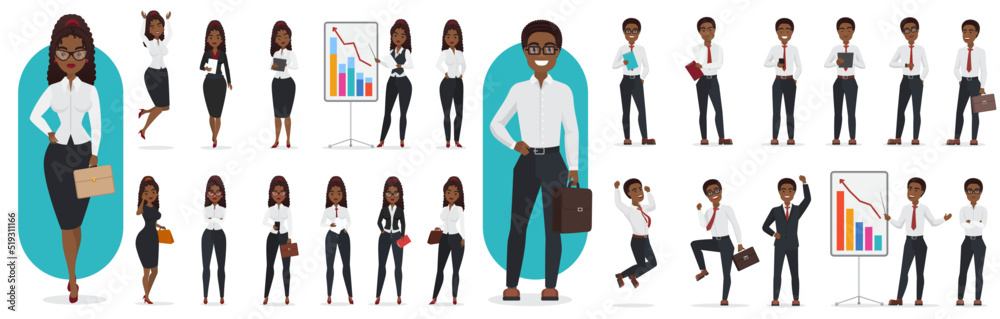 Obraz premium Businessman and businesswoman in work poses set vector illustration. Cartoon corporate workers, entrepreneurs and managers standing, thinking about ideas, showing business presentation isolated white