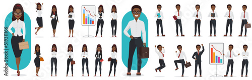 Businessman and businesswoman in work poses set vector illustration. Cartoon corporate workers, entrepreneurs and managers standing, thinking about ideas, showing business presentation isolated white
