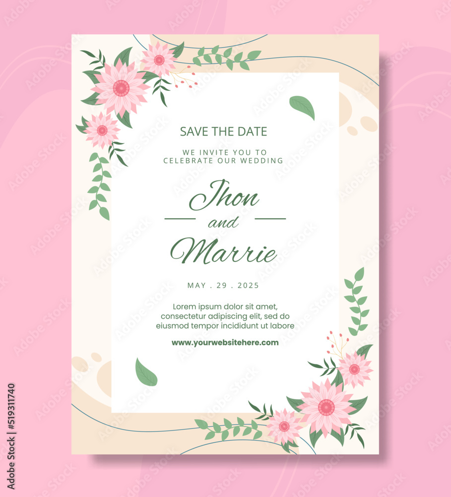 Floral Wedding Poster Template Flat Cartoon Background Vector Illustration