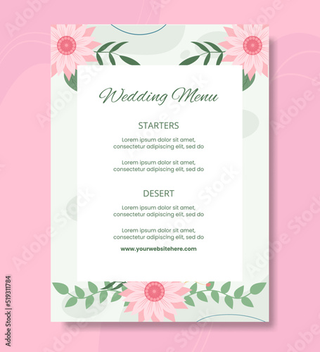 Floral Wedding Menu Template Flat Cartoon Background Vector Illustration