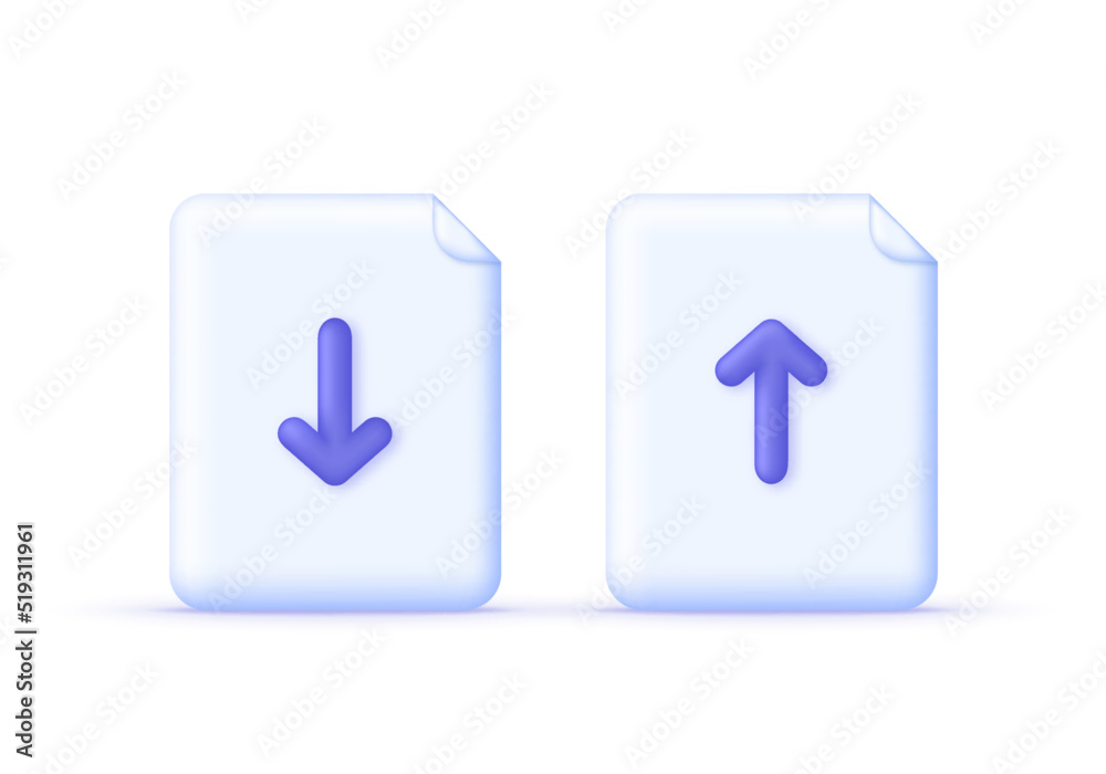 3D Set of paper with arrow isolated on white background. White sheet with arrow. Download file document concept. Can be used for many purposes. Trendy and modern vector in 3d style.