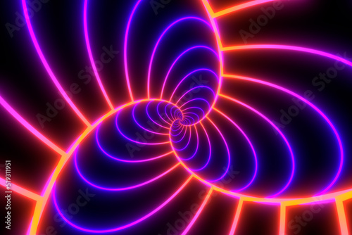Glowing striped spiral. Abstract background in orange, red and purple vivid neon glow colors. Retro backdrop for event, party, carnival, celebration, anniversary or other. 3D rendering.