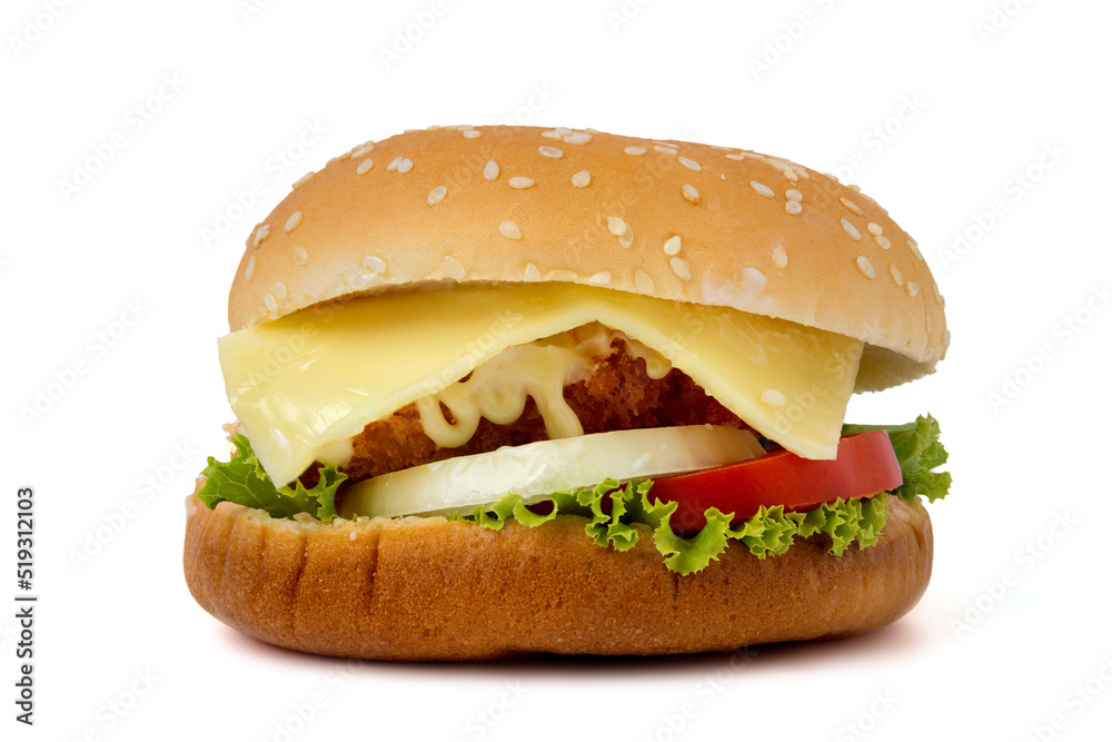 Hamburger with cheese, and meat and contains components, onions, tomatoes, and lettuce. isolated on a white background. Hamburger with cheese, and meat and contains components, onions, tomatoes, and lettuce. isolated on a white background.