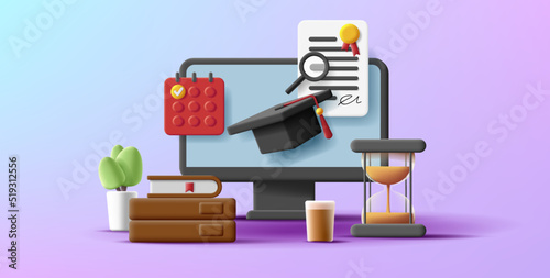 3d illustration of studying, computer with books and graduation hat with diploma, time and calendar with sand glass. Vector illustration
