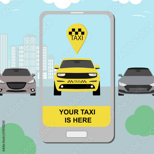 taxi service concept with smartphone app and city background flat style for transfer airport banner. Vector 10 eps