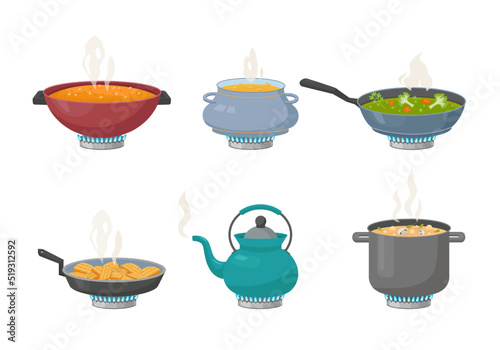 boiling food. preparing products on gas stove boiled water in pan and frying pot. Vector cooking in kitchen