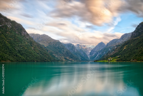 Sunset over Jostedalsbreen glacier photo