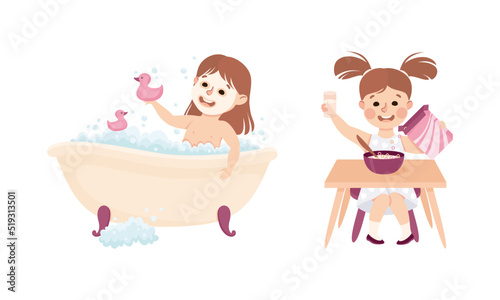 Cute little girl daily routine. Cute kid eating breakfast and bathing in bathtub cartoon vector illustration