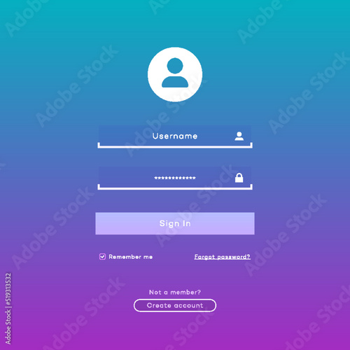 Login form page template on gradient background for app development, smartphone mockups, website ui elements, online login form, registration, user profile, access to account concept. Vector 10 eps