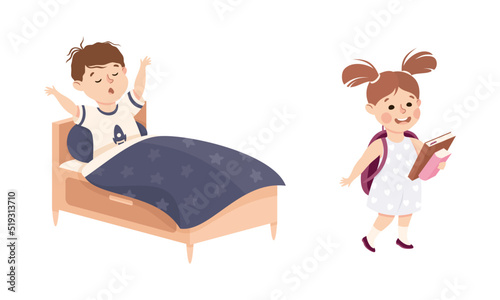 Cute little children daily routine. Boy woke up in morning, girl walking with backpack cartoon vector illustration