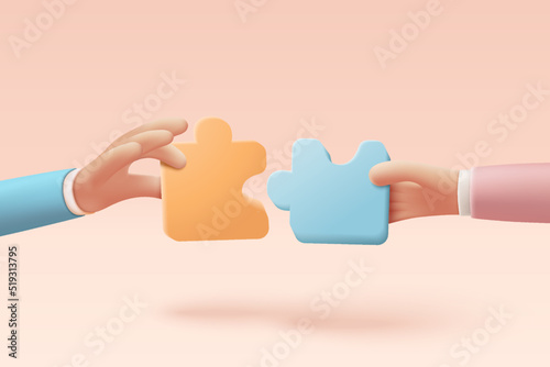 3D jigsaw puzzle pieces symbol of teamwork. Problem-solving, business challenge in hand of people connection jigsaw puzzle, partnership concept.  3d teamwork idea icon vector render illustration