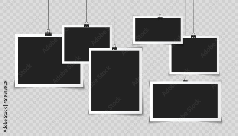 Realistic hanging photo frames design, Black And white Color, With Premium Vector Transport File.  