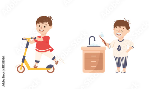 Cute little boy daily routine. Kid brushing teeth and riding kick scooter cartoon vector illustration