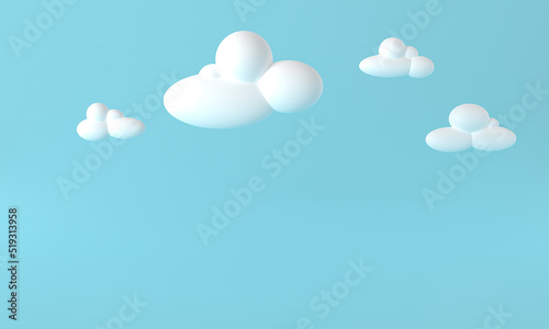 White 3d clouds on blue background. Render soft round cartoon fluffy clouds in the blue sky. 3d geometric shapes illustration. 3d rendering cloudscape horizontal background. Banner blue sky
