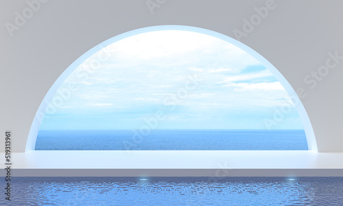 Sea view beside terrace and beds in modern luxury, swimming on sea view at vacation. 3d rendering illustration of tourist resort. Holiday in summer season fantasy and reality into dreamlike spaces.