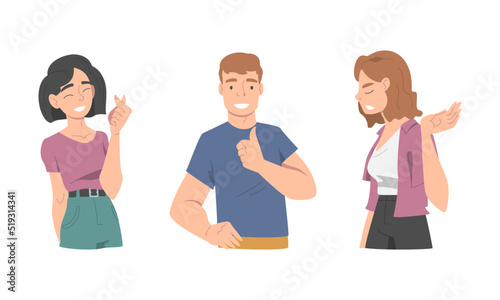 Cheerful people communicating with hand gestures set cartoon vector illustration