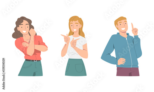 Smiling people communicating with hand gestures set. Man and woman showing fist and pointing with index fingers cartoon vector illustration