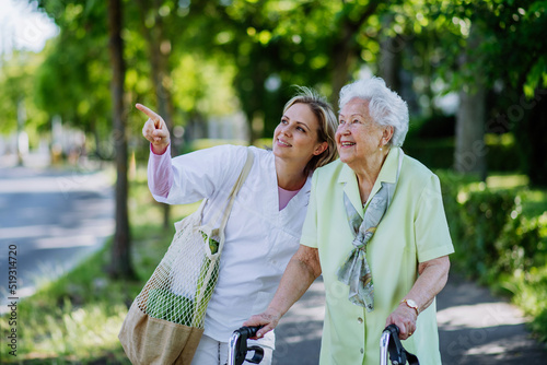 Portrait of caregiver with senior woman on walk in park with shopping bag, looking at caemra. photo