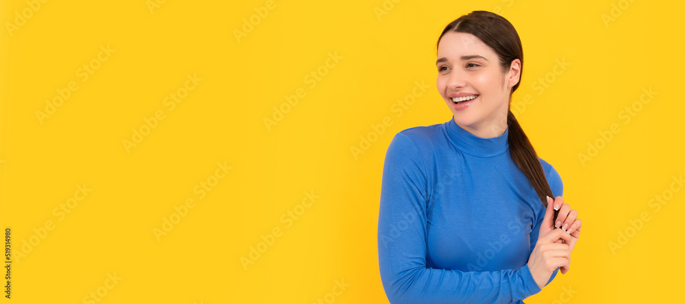 Woman isolated face portrait, banner header poster with mockup copyspace. face portrait of lady on yellow background. express positive emotions. skincare and haircare. Woman isolated face portrait, banner header poster with mockup copyspace. face portrait of lady on yellow background. express positive emotions. skincare and haircare.