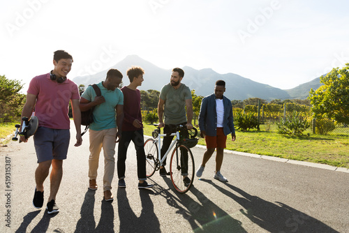 Happy multiracial male friends with bicycles talking and walking on road against clear sky in summer