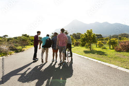 Multiracial male friends walking on road amidst plants against clear sky in summer during weekend