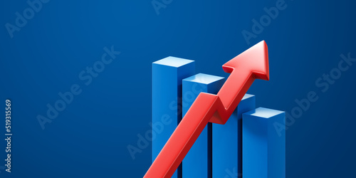 Blue 3d growth business graph on success financial background with red arrow market profit symbol or finance chart up stock diagram marketing and increase economy statistic rise price sales strategy.