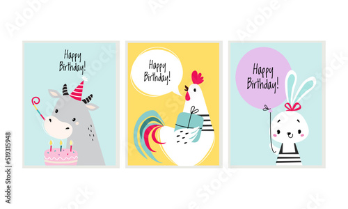 Happy birthday cards with funny animals set. Celebration greeting or invitation card with adorable cow, hen and bunny vector illustration