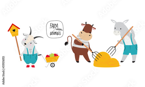 Cute animals working on farm set. Adorable goatling holding birdhouse, calf and donkey stacking hay with pitchforks cartoon vector illustration