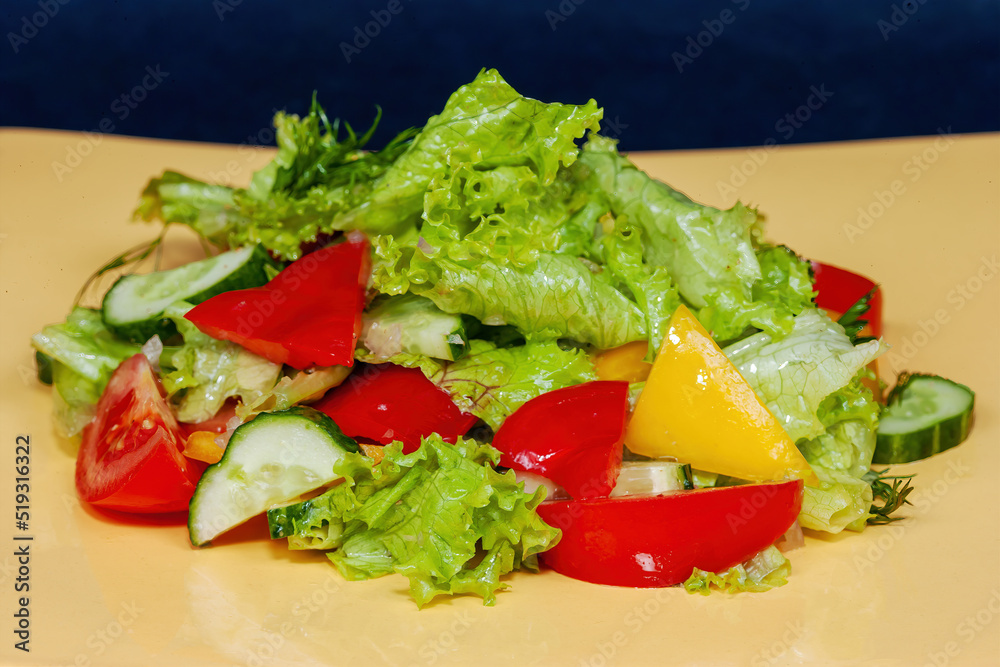 Healthy organic salad of fresh vegetables: bell peppers, tomatoes, cucumbers with lettuce leaves Healthy organic salad of fresh vegetables: bell peppers, tomatoes, cucumbers with lettuce leaves