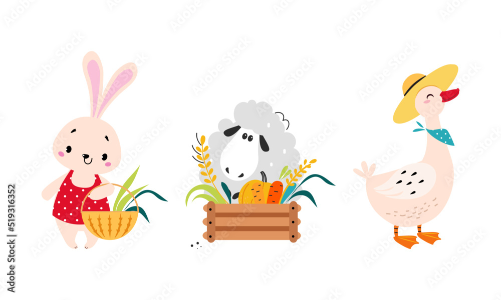 Cute animals working on farm set. Adorable bunny, sheep and goose harvesting vegetables cartoon vector illustration Cute animals working on farm set. Adorable bunny, sheep and goose harvesting vegetables cartoon vector illustration
