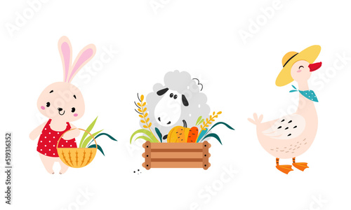 Cute animals working on farm set. Adorable bunny, sheep and goose harvesting vegetables cartoon vector illustration