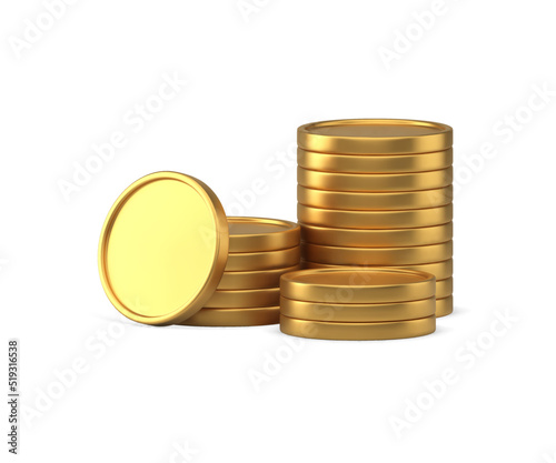 Golden metallic coin stack abundance richness banking investment financial 3d icon vector