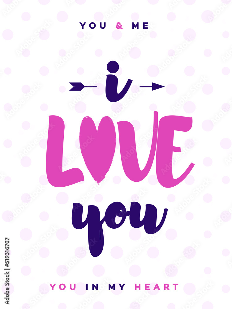Valentines day greeting card with sign i love you on lovely cute background for decoration, banner sale, promotion, party poster, stamp, label, tag, special offer. Vector Illustration