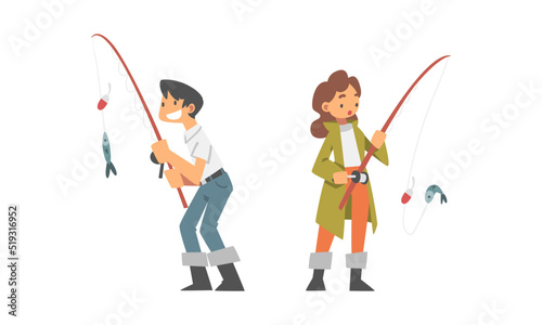 Anglers characters. Man and young woman with fishing rods and caught fish cartoon vector illustration