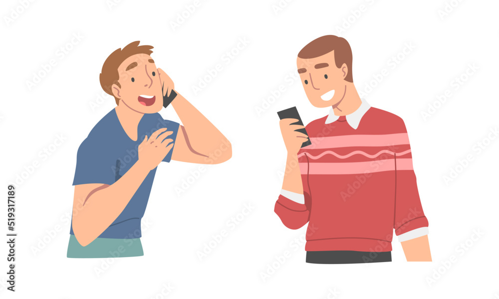 Young people using smartphones set. Smiling men talking and looking at phone screen cartoon vector illustration