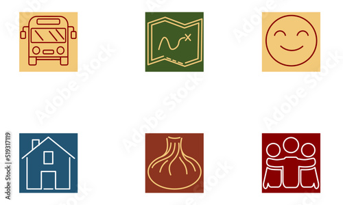 a set of colored icons for traveling. map, khinkali, food, fun, overnight, transfer