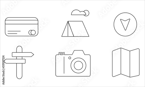 Travel and tourism set icons. tent, card, credit card, overnight, pointer, camera