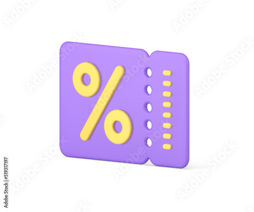 Purple promo coupon commercial business sale discount percentage ticket tag 3d icon realistic vector