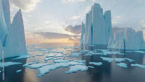 arctic ice. beautiful landscape with ice huge blocks in the water reflection. dramatic polar ice landscape. 3d render