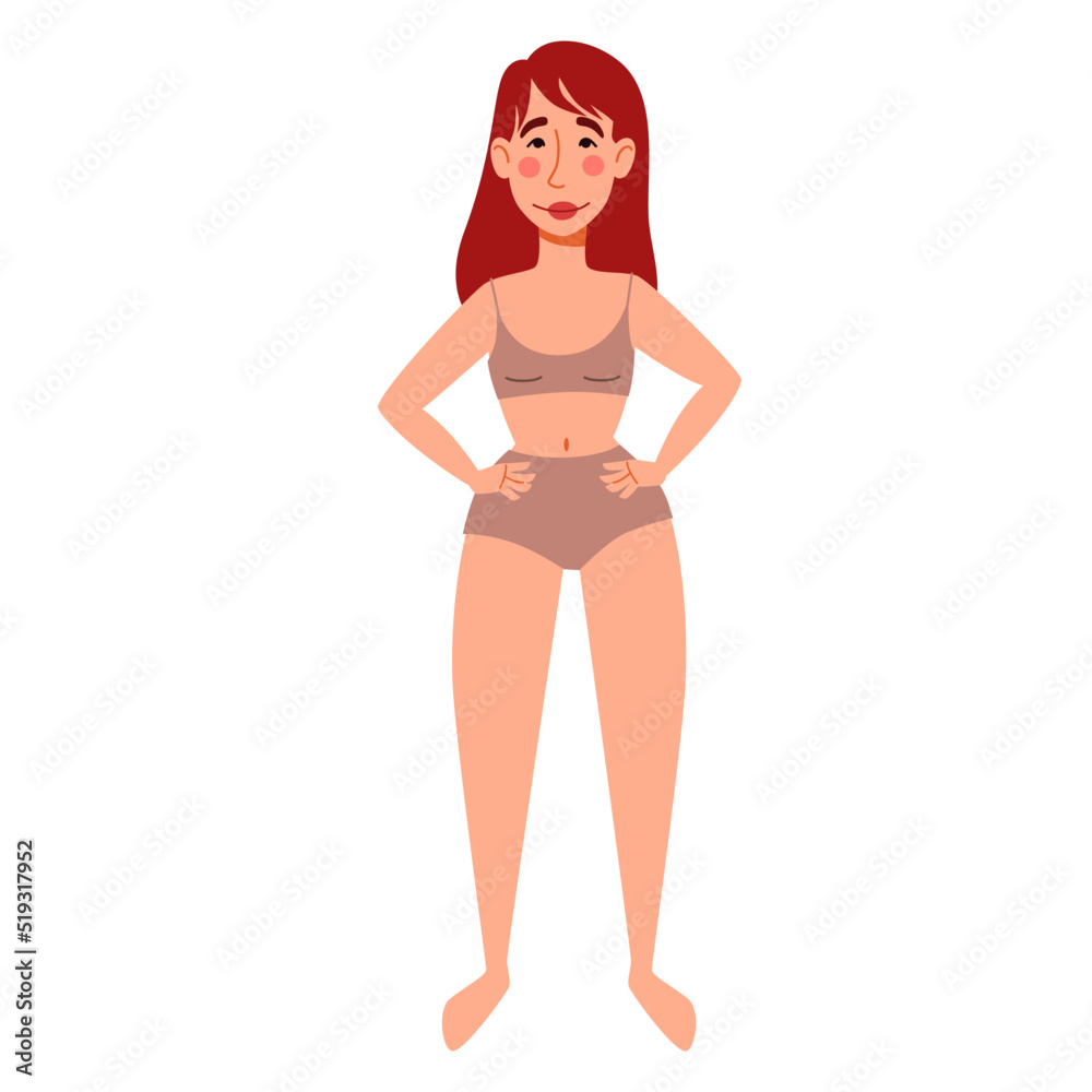 A female character in a swimsuit. A thin European girl in full growth.