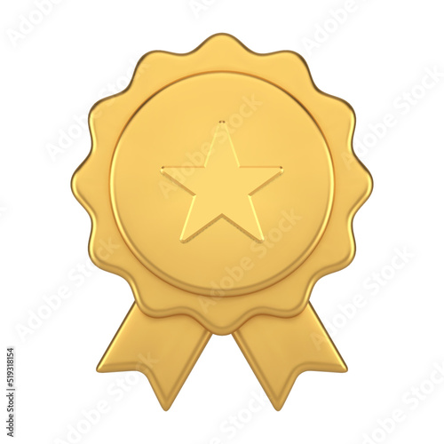 Golden premium medal ribbon curved circle achievement best quality approved badge 3d icon vector